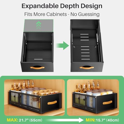 Pull out Cabinet Organizer, 2-Pack Expandable Depth(15.7"-21.7") with Raising Pad for Framed Cabinets, Heavy Duty Slide out Drawers,Roll Out Shelves for Kitchen, Pantry Organizers and Storage(Black) - color: Black, size: 2-Pack