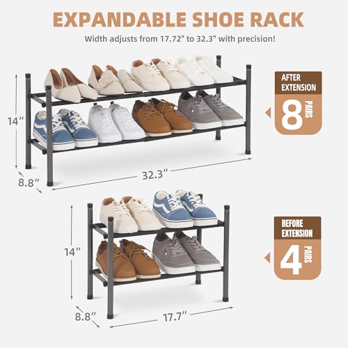 STORAGE MANIAC Expandable Shoe Rack, 8 Pairs Stackable Small Shoe Rack, Metal Adjustable Shoes Organizer for Closet, Entryway, Hallway, Garage, Front Door, Shoes Shelves, Black 2 Tier - color: Black, size: 2 Tier