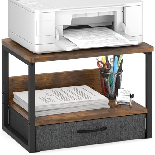 MARTY Printer Stand with Storage Drawer for Desk, 2-Tier Desktop Printer Stand Shelf Organzier for Home Office Printer Riser Under Desk Small Printer Table (Rustic Brown) - color: Rustic Brown, size: 2 Tier With Drawer