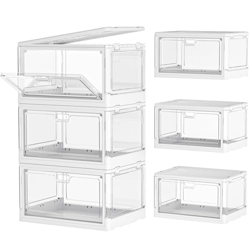Kmiectse Clear Storage Bin with Lid 3 Pack 【Stackable & Sturdy】 Plastic Multifunctional Folding Storage Bins for Bedroom, Living Room, Study,Room, 23 QT Folding Box with Magnetic Door - size: 3 Tier-3 Lids