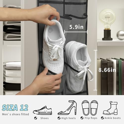 MSLOVE Narrow Over The Door Shoe Organizer, 12 Large Mesh Pockets Hanging Shoe Organizer for Closet Organizers and Storage, Grey, 2 Pack - color: Grey
