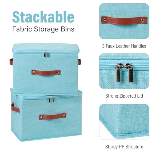 Storage Bin Box with Zippered Lid Cotton Linen Fabric Decorative Basket with PU Leather Handles PP Plastic Board Foldable Lidded Clothing Shelf Closet Organizer Container (Blue, Large) - color: Blue, size: Large ( Pack of 1 )