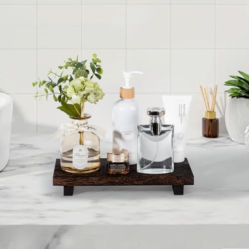 Bathroom Tray Farmhouse Decor Pedestal Stand Wood Riser Display Kitchen Accessories Soap Holder for Sink, Counter, Vanity, 11 * 5.5 Dark Brown - color: Drak Brown, size: 11" x 5.5" x 1.6"