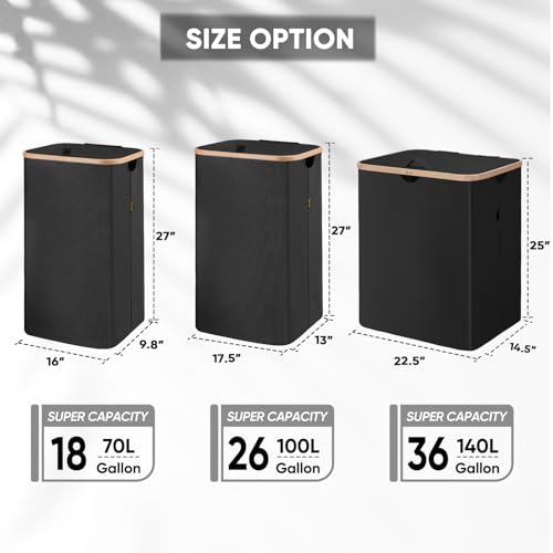 BALEINE Laundry Hamper with Lid, Tall Laundry Baskets with Bamboo Pull Handles, Large Laundry Bin with Internal Support (18 Gal/70L, Black) - color: Black, size: 70 liters