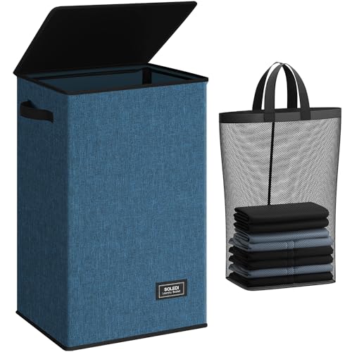 SOLEDI Laundry Hamper with Lid 90L Large & Tall Collapsible Laundry Basket, Clothes Hamper with Bag Removable Easy to Carry, Dirty Hampers for Bedroom, Bathroom, Dorm, College, Blue - color: Blue, size: 90L