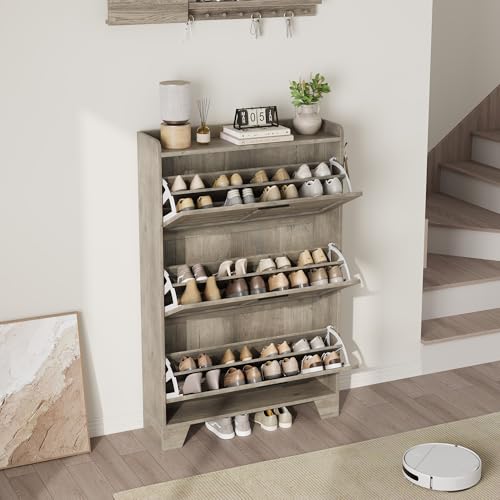 Garvee Shoe Storage Cabinet with 3 Flip Drawers, Freestanding Shoe Organizer Storage for Entryway with 2 Side Hooks, Farmhouse Hidden Slim Narrow Shoe Rack Cabinet, Gray - color: Grey, size: 3-Drawers