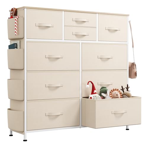 WLIVE Fabric Dresser for Bedroom with 10 Drawers, Chest of Drawers with Side Pockets and Hooks, Sturdy Metal Frame, Drawers Organizer Unit for Living Room, Hallway, Cream White - color: Cream White