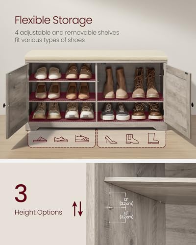 VASAGLE Shoe Storage Bench with Cushion, 3-Tier Entryway Bench with Padded Seat, Doors, Adjustable Shelves, 14 x 39.8 x 20.7 Inches, Hallway, Bedroom, Heather Greige and Cappuccino Beige ULSB044L01 - color: Heather Greige + Cappuccino Beige, size: 14"D x