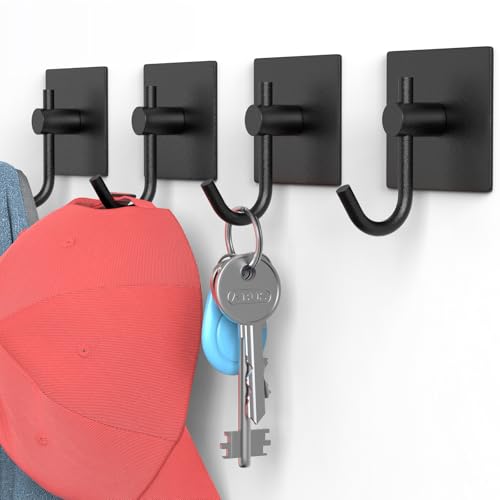 VAEHOLD 4 Pack Wall Hooks, Heavy Duty Sticky Holder Waterproof Aluminum Towel Hooks for Hanging Coat, Hat, Key, Clothes, Closet Hook Wall Mount for Kitchen, Bathroom, Office（Black） - color: Black, size: 4 Pack