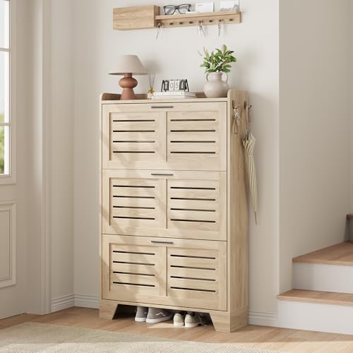 Garvee Shoe Storage Cabinet with 3 Flip Drawers, Freestanding Shoe Organizer Storage for Entryway with 2 Side Hooks, Farmhouse Hidden Slim Narrow Shoe Rack Cabinet, Natural Oak - color: Natural Oak, size: 3-Drawers
