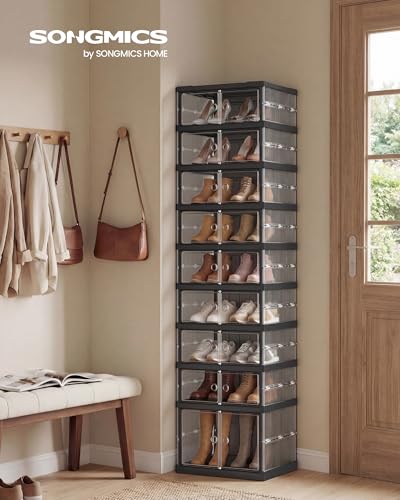 SONGMICS Foldable Shoe Storage Organizer for Closet, Stackable Sneaker Cabinet with Magnetic Door, Large Plastic Container Bins for Entryway, 9-Tier for 18 Pairs, Transparent and Ink Black ULSP918BH01 - color: Transparent + Ink Black, size: 9 Tiers (18 Pa