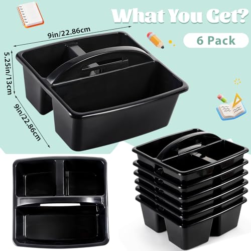 6 Pack Classroom Caddy with Handle Plastic Storage Caddy Organizer with 3 Compartments Desk Caddies Holder Portable Storage Bin for Pencil, Crayon, Marker, Home, Office, School Supplies(Black) - color: Black