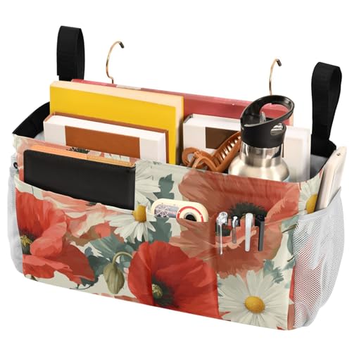 Bedside Caddy Metal Frame Hanging Organizer Bunk Bed Dorm Accessories Hook And Loop Storage Bag Large Pockets Beige Poppy Chamomile - color: Beige Poppy Chamomile