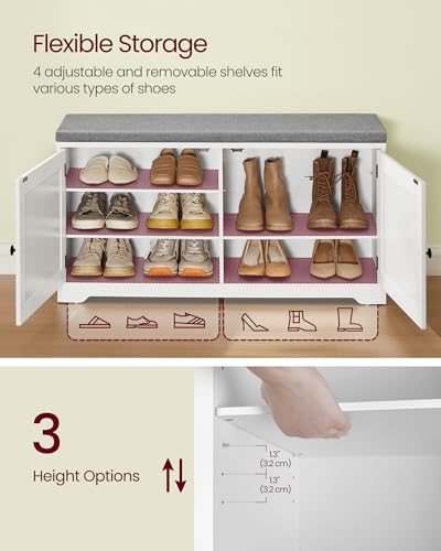 VASAGLE Shoe Storage Bench with Cushion, 3-Tier Entryway Bench with Padded Seat, Doors, Adjustable Shelves, 14 x 39.8 x 20.7 Inches, for Hallway, Bedroom, Cloud White and Dove Gray ULSB044W01 - color: Cloud White + Dove Gray, size: 14"D x 39.8"W x 20.7"H