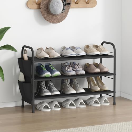 3 Tier Shoe Rack with Side Pockets, Shoe Organizer Space Saver Storage for 7-9 Pairs Shoes Storage Shelf Sturdy Free Standing Metal Long Shoe Holder Organizer for Closet, Entryway Black - color: Black, size: 3 Tier