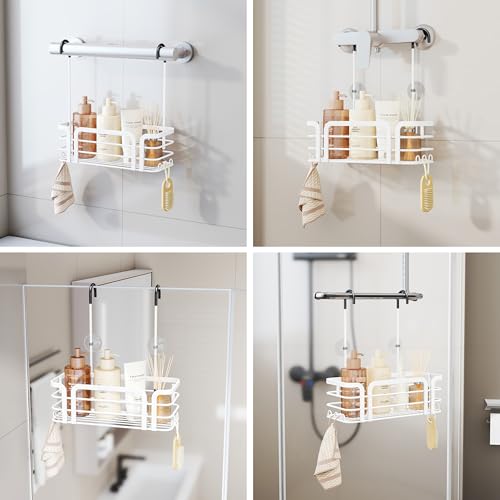 SWTYMIKI Shower Caddy Hanging Organizer - Over the Door Shower Caddy with 6 Hooks, 2 Installation Ways, Stainless Steel Rustproof Bathroom Organizer, White - color: White-1 tier