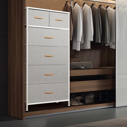 Mifuro Tall Dresser for Bedroom, Vertical Storage Organizer Tower with 6 Drawers, Chest of Drawers with Fabric Bins, Steel Frame, Wood Top for Bedroom, Closet, Entryway- Light Grey - color: Light Grey, size: 6 Drawers