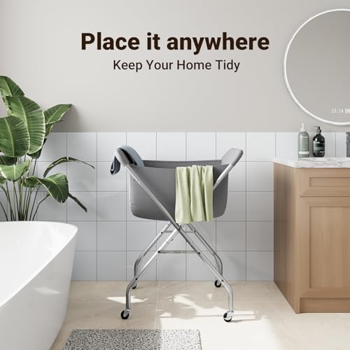 ELYKEN Laundry Cart with Wheels, 33”H Easy Rolling Laundry Hamper with Removable Liner Bag, Sturdy Metal Frame Clothes Basket with 4 Casters and 2 Brakes - color: Gray, size: 25.6"L x 22"W x 33"H