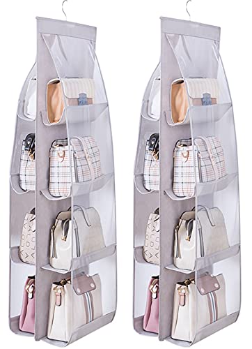 MURRI&MURRDI 2 Packs Hanging Handbag Organizer for Closet, Purse Storage Holder with 8 Easy Access Clear PVC Pockets, Womens Purse Hanger Bag for Wardrobe Door Wall Space Saving, Gray - color: 2 Gray