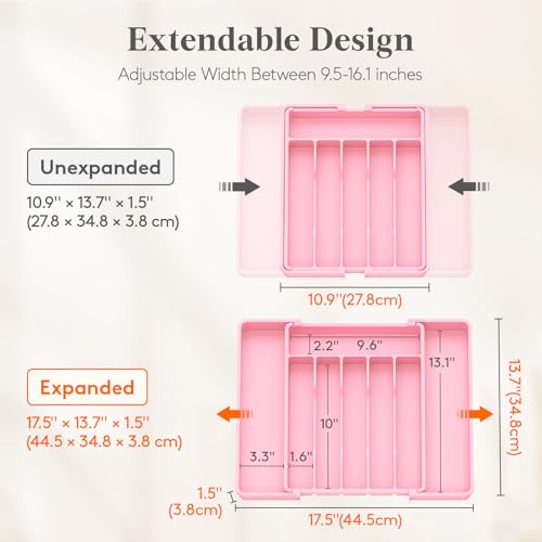 Lifewit Silverware Drawer Organizer, Expandable Utensil Tray for Kitchen, BPA Free Flatware and Cutlery Holder, Adjustable Plastic Storage for Spoons Forks Knives, 10.9"-17.5" x 13.7", Pink - color: Pink, size: Large (11-18''W x 14''D)