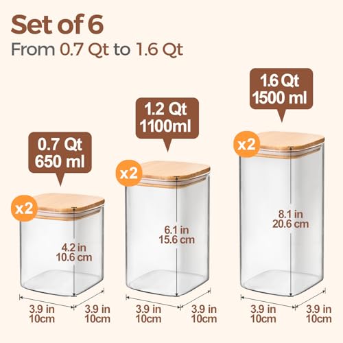 ComSaf Airtight Glass Storage Canister with Lids (0.7Qt/1.2Qt/1.6Qt) Set of 6, Food Storage Container Kitchen Pantry Storage Jar, Glass Jars for Flour Cereal Sugar Tea Coffee Beans Snacks, Square - size: 0.7Qt*2/1.2Qt*2/1.6Qt*2