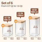 ComSaf Airtight Glass Storage Canister with Lids (0.7Qt/1.2Qt/1.6Qt) Set of 6, Food Storage Container Kitchen Pantry Storage Jar, Glass Jars for Flour Cereal Sugar Tea Coffee Beans Snacks, Square - size: 0.7Qt*2/1.2Qt*2/1.6Qt*2