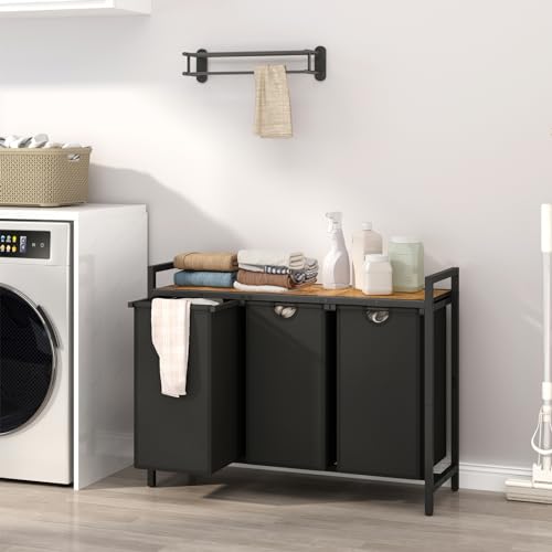 Laundry Hamper, Two -Color 3 Section Laundry Basket with 3 Removable Laundry Sorter Bags and Top Shelf, Clothes Hamper for Laundry Room, Bathroom - style: 3bags-Rustic Brown