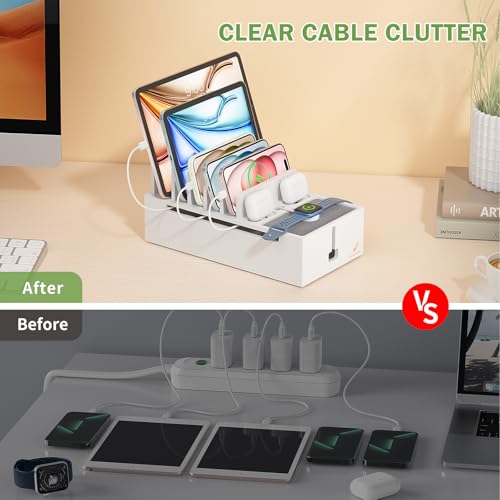 Pezin & Hulin Multi Charger Station Organizer Rack, Bamboo Cable Management Box, Power Strips and Cord Hider, Nightstand Device Organizer (Include 6 Cables)(No Power Charging Supply) -White - color: White (No Charger)