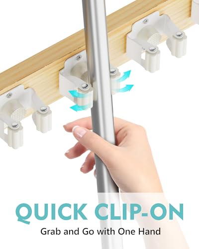 Mop and Broom Holder Wall Mount, No Drill Over the Door Broom and Mop Holder with 4 Slots and 4 Hooks, Wood Tool Hanger for Laundry, Cabinet, Kitchen, Garage - color: Natural
