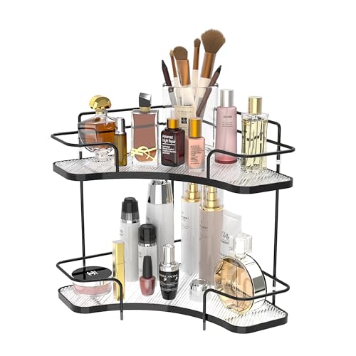 FOLLOWIN 2 Tier Bathroom Countertop Corner Organizer, Countertop Perfume Tray, Vanity Counter Shelf, Skincare Makeup Cosmetic Vanity Organizers, Elegant Black - color: Black