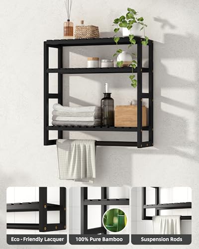 Galood Over The Toilet Storage Bathroom Shelves Wall Mounted 3 Tier Space Saver Corner Shelf Organizer Bamboo Towel Rack Toilet Paper Cabinet with Hanging Rod Black - color: Black 1pack, size: Standard