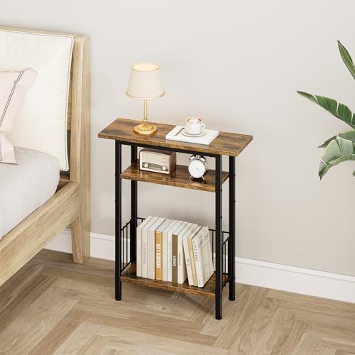 Vagusicc Narrow Side Table, 3-Tier Skinny End Table for Couch Sofa, Small Side Tables for Small Spaces, Bed Side Table with Storage, 25.2" Tall Slim Nightstand for Living Room, Bedroom, Rustic Brown - color: Rustic Brown, style: Ordinary