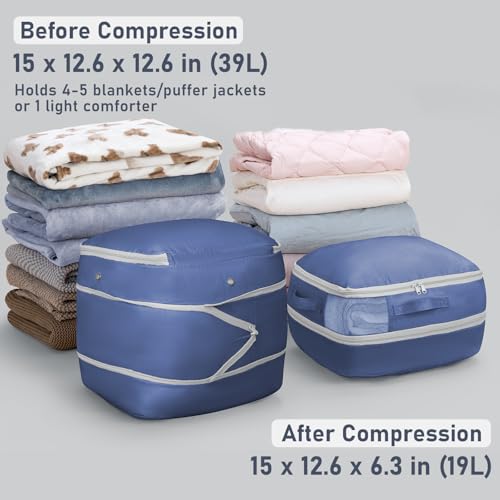 DIMJ Compression Storage Bags 8 Pack - Blanket Storage Bags with Window Zipper, Ultra Space Saving Self Compression Organizer for Puffer Jacket, Bedding, Lightweight Comforter Duvet, Sweater, Sheet - color: Navy Blue, size: 39L x 8 Pack