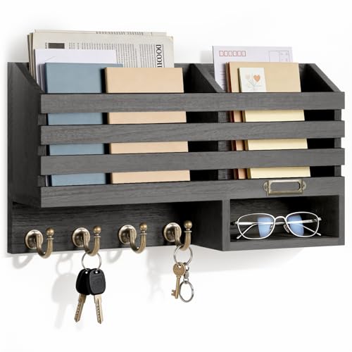 FifthQuarter Key Holder for Wall: Easy Mounted Key Rack and Mail Organizer with Store Shelf and Four Sturdy Keys Hooks Decor in Kitchen|Farmhouse|Entryway|Mudroom (Black) - color: C-Black