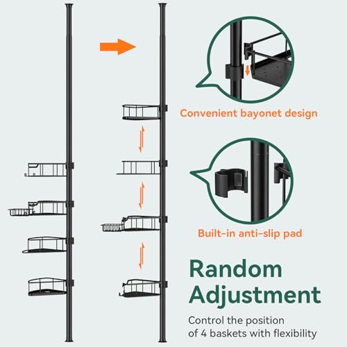 Corner Shower Caddy Tension Pole, 4 Tier Rustproof Shower Tension Rod Organizer, Adjustable 25-125 Inch Bathroom Shower Organizer Shelves for Bathtub Shampoo Storage, Black - color: Black