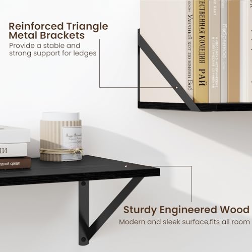 Fun Memories Deep Floating Shelves for Wall, 16W x 8D Wall Mounted Shelves Set of 2, Wide Display Ledge Shelf with Sturdy Metal Brackets for Living Room, Bathroom, Bedroom and Kitchen, Black - color: A-black, size: 16"W x 8"D