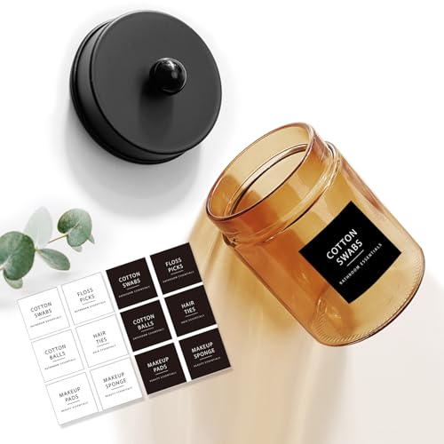 Amolliar Bronze Glass Apothecary Jar, Qtip Holder Metal Lid & Stickers, Bathroom Qtip Dispenser Storage Canister, Perfect for Cotton Balls, Cotton Swabs, Makeup Pads, Bath Salt, Floss, 4 Pack (Black) - color: Amber-Black Lid