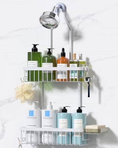 YASONIC Shower Caddy Hanging, Never Rust Shower Organizer Hanging, Aluminum Shower Racks for Inside Shower with Hooks for Razor, Bathroom Organizers and Storage with Soap Holder, White - color: White
