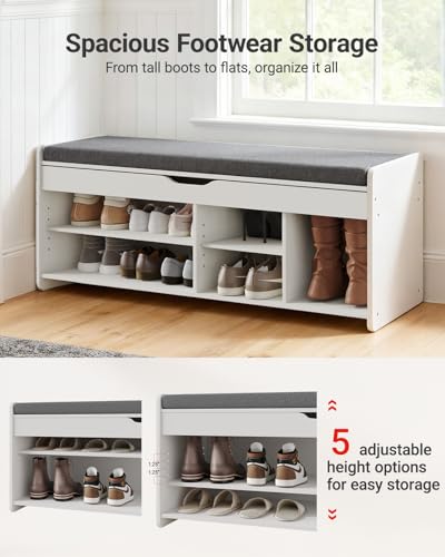 Pipishell Shoe Storage Bench, 2-Tier with Cushioned Seat, Entryway Bench with Adjustable Shelf & Barn Doors, 300 lbs Capacity, 47.2" x 15" x 18", for Entryway, Bedroom, Living Room, White - color: White, size: 4 doors- 47.2" W x 15" D x 18" H