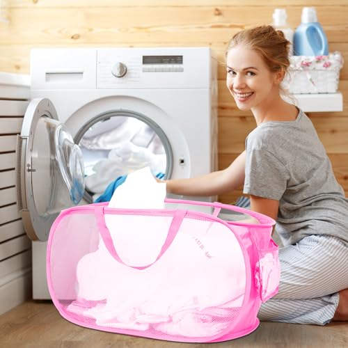 2 Pcs Durable Collapsible Laundry Baskets - Reinforced Mesh Pop Up Laundry Hamper with Pocket, Foldable Dirty Clothes Hamper with Carry Handles for Laundry, Bathroom, Kids Room, Dorm or Travel Pink - color: Pink, size: Pop Horizontal+Vertical