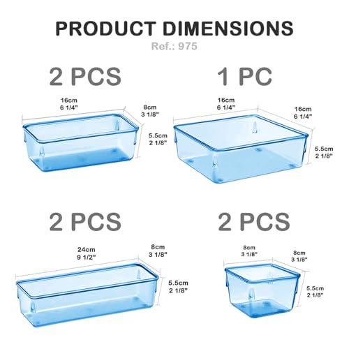 Acrimet Drawer Organizer Modular, Box Tray Storage Bins for Office, Home, Makeup, Kitchen, Junk Drawer (7 Units - 4 Sizes) (Clear Blue Plastic) - color: r.blue