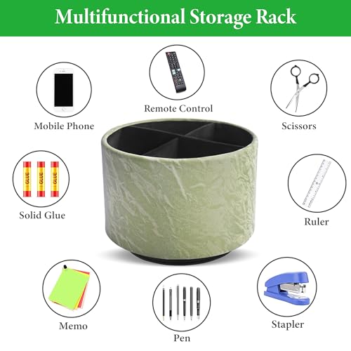 Hennaja Round Leather Art Supply Organizer,Remote Control Holder,360 Degree Spinning,Multi-Functional Pencil Holder,4 Compartments Desktop Stationary Organizer(1-Hill Green) - color: 1-Hill Green
