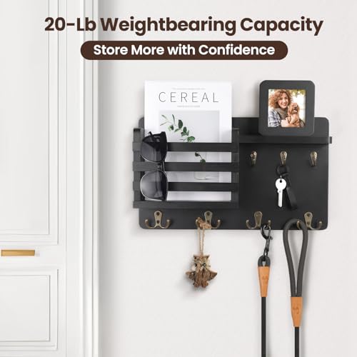 Nekon Mail Holder for Wall Mail Organizer with Key Hooks Hallway Farmhouse Decor Storage Racks with Floating Shelf and Flush Mount Hardware (16.8Inch x 10Inch x 3.2Inch) - color: Black