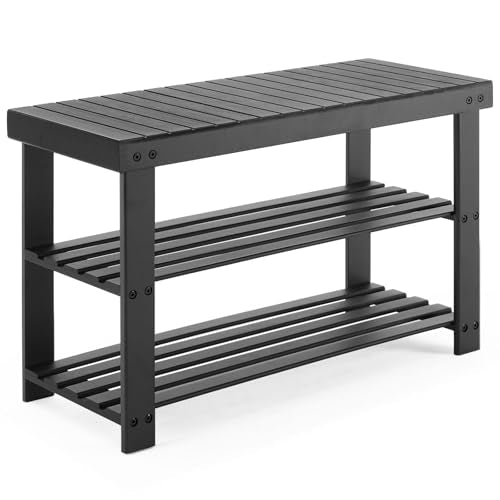 Sweetcrispy 3-Tier Shoe Rack Bench, Bamboo Entryway Storage Organizer, Shoes Stand for FrontDoor Entrance, Bedroom, Living Room, 286lb Capacity, 11.3 x 27.6 x 17.8 Inches, Pitch-Black - color: Black, size: 27 inches WIdth