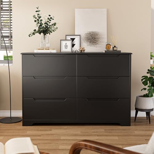 Gizoon 6 Drawer Double Dresser for Bedroom with Anti-Tip Design, Modern Wide Wooden Chest of Drawers with Cut-Out Handles, Closet Storage Organizer and TV Stand for Living Room, Hallway, Entryway - color: Black, size: 15.7"D x 47.3"W x 31.5"H (6 Drawers)