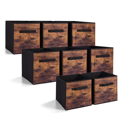 13 Inch Fabric Storage Cubes, 8 Pack Foldable Storage Bins with Handle, Fabric Cube Box for Shelves, Closet, Bedroom, Living Room, Organizer, Rustic Brown and Ink Black - color: 8 Pack Brown Black, size: 13 Inch