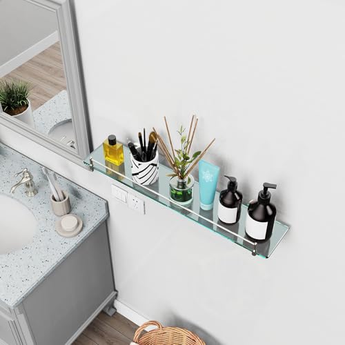 24 Inch Glass Bathroom Shelves,Brushed Nickel Floating Shelves for Wall Rectangular Modern Stainless Steel Glass Shelf for Bathroom Shelves Wall Mounted - color: Brushed Nickel, size: 24"with railing