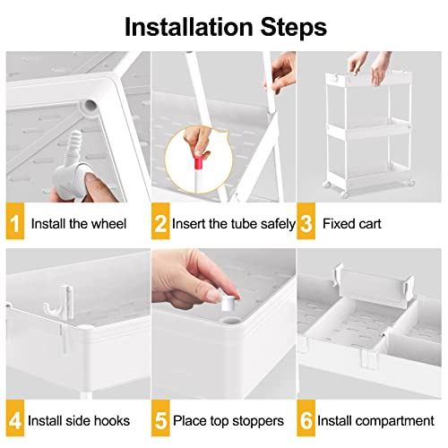 SPACELEAD 3 Tier Rolling Cart with Wheels, Storage Craft Art Trolley Organizer Serving, 3 Hanging Baskets Easy Assembly, for Office, Bathroom，Living Room, Kitchen, White - color: White