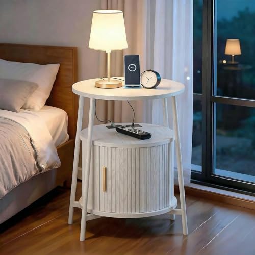 Round End Tables with Drawer: Fluted Side Table with Charging Station, Mid-Century Modern Nightstand with Sliding Door for Small Space Storage, Living Room, Bedroom - color: Off White, size: 1 PACK