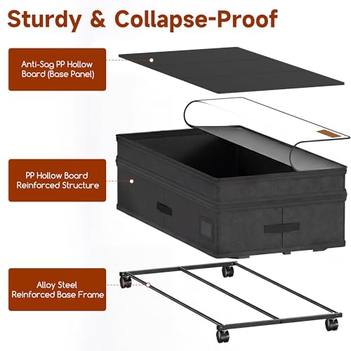 Under Bed Storage with Wheels, Adjustable Height Underbed Storage Containers, 2 Pack 65L Bins, Heavy-Duty 600D Fabric & Steel Frame for Clothes, Shoes, Bedding